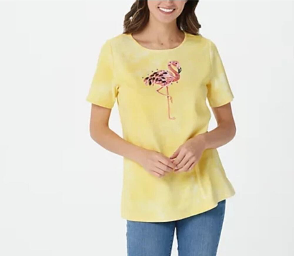 Quacker Factory - Tie Dye Embellished Short Sleeve Top Yellow Flamingo Medium